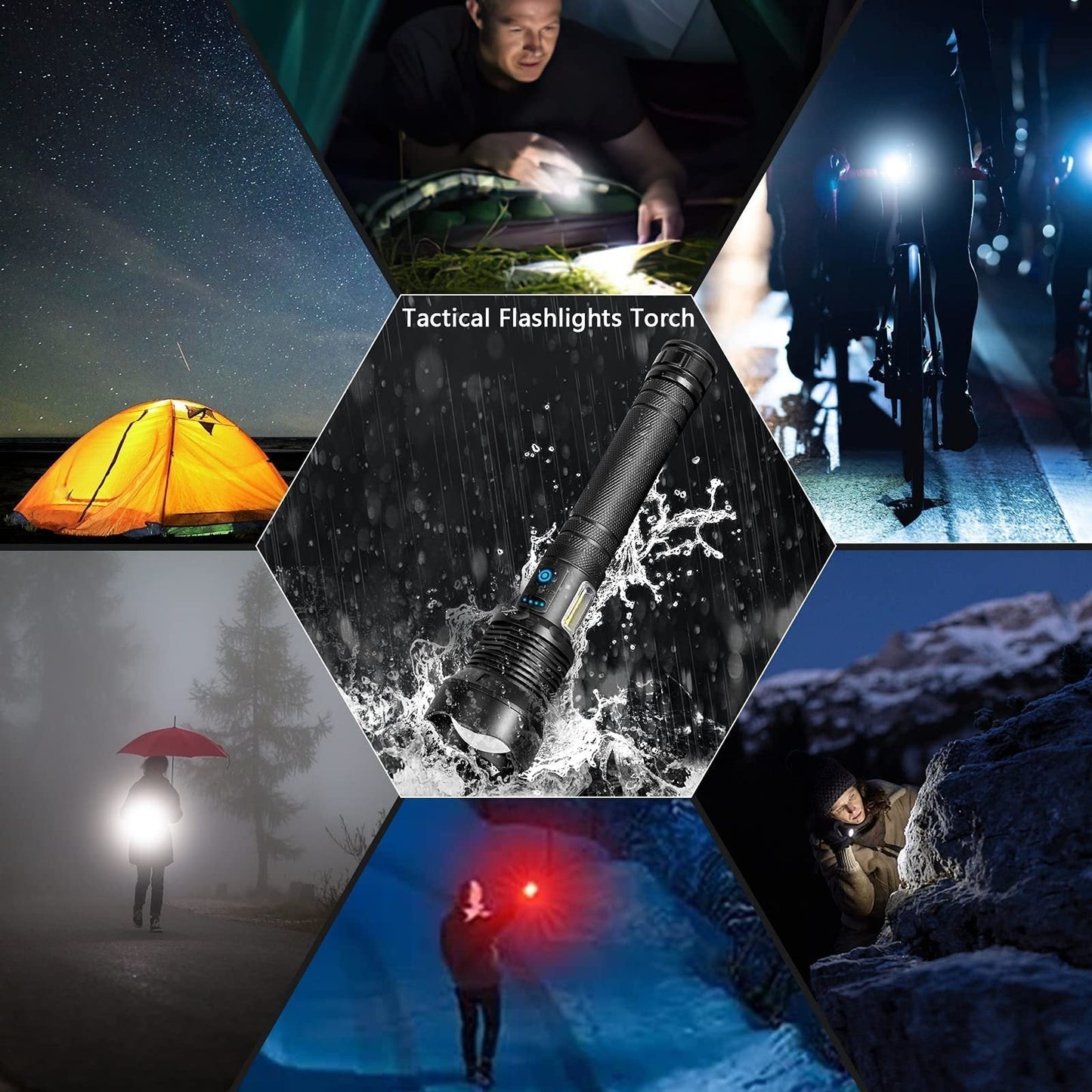 Taktische Taschenlampe, wasserdicht, schwarz, ideal für Outdoor-Abenteuer und Camping.
