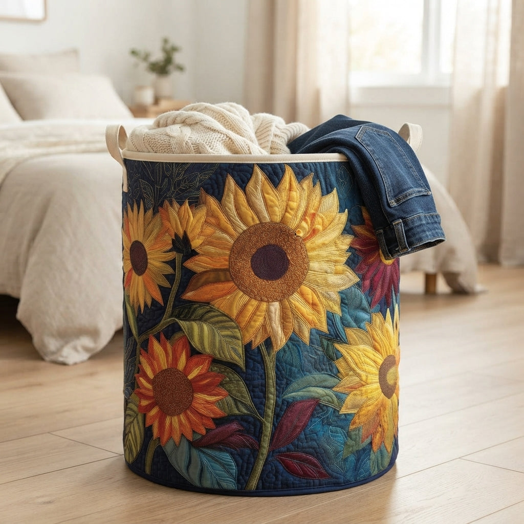 Der Sonnenblumen-Korb steht im Schlafzimmer auf Holzboden, gefüllt mit Strickdecke und Jeans, neben dem Bett. 4