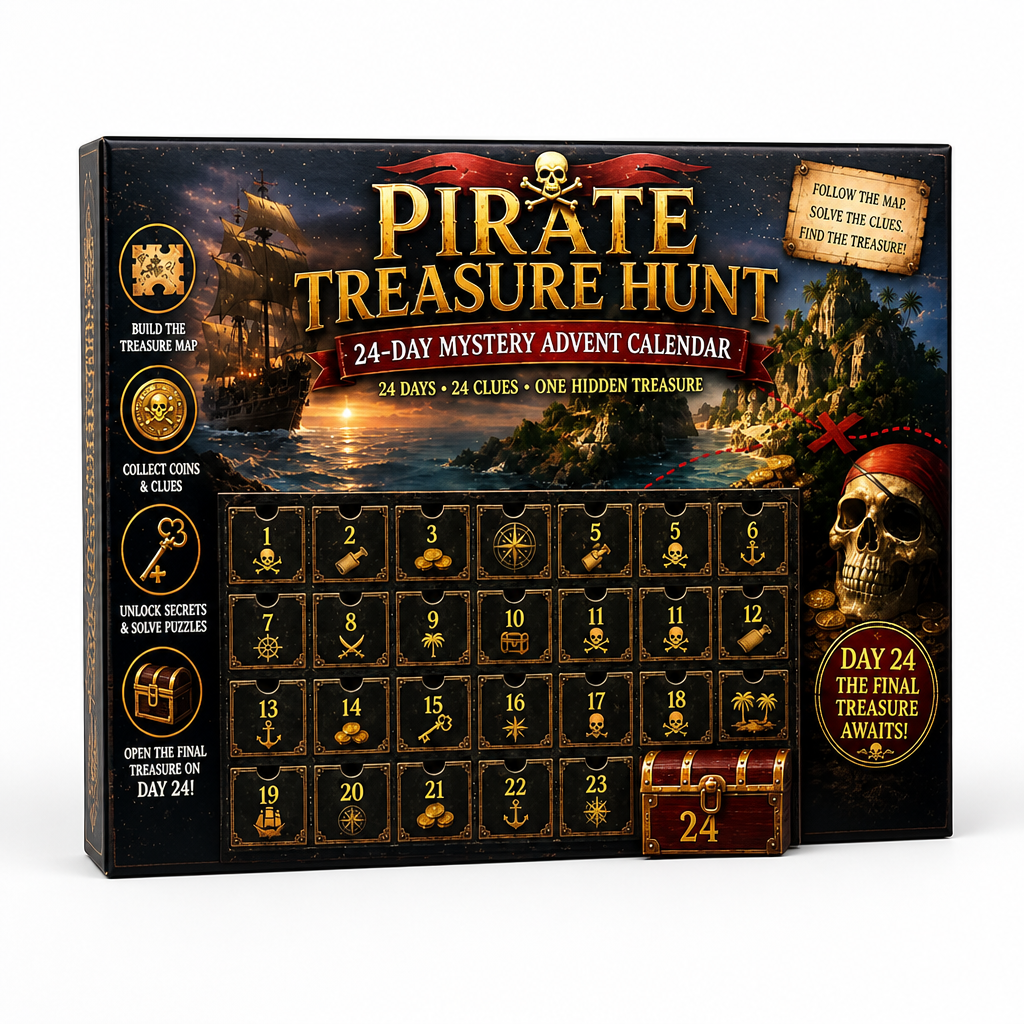 Schachtel des Piratenthemas mit Segelschiff, Totenkopf und Insel, davor 24 schwarze Türchen mit goldenen Symbolen und einer Schatztruhe als Türchen 24. 8