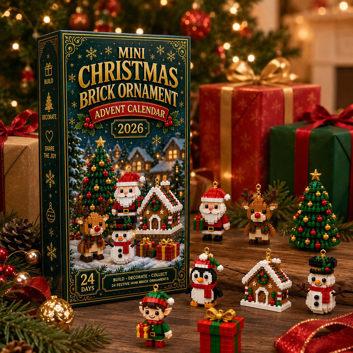 Schachtel mit weihnachtlichem Motiv im Vordergrund, daneben acht gebaute Figuren wie Weihnachtsmann, Rentier, Tannenbaum, Pinguin, Elf und Geschenk zwischen Päc 8