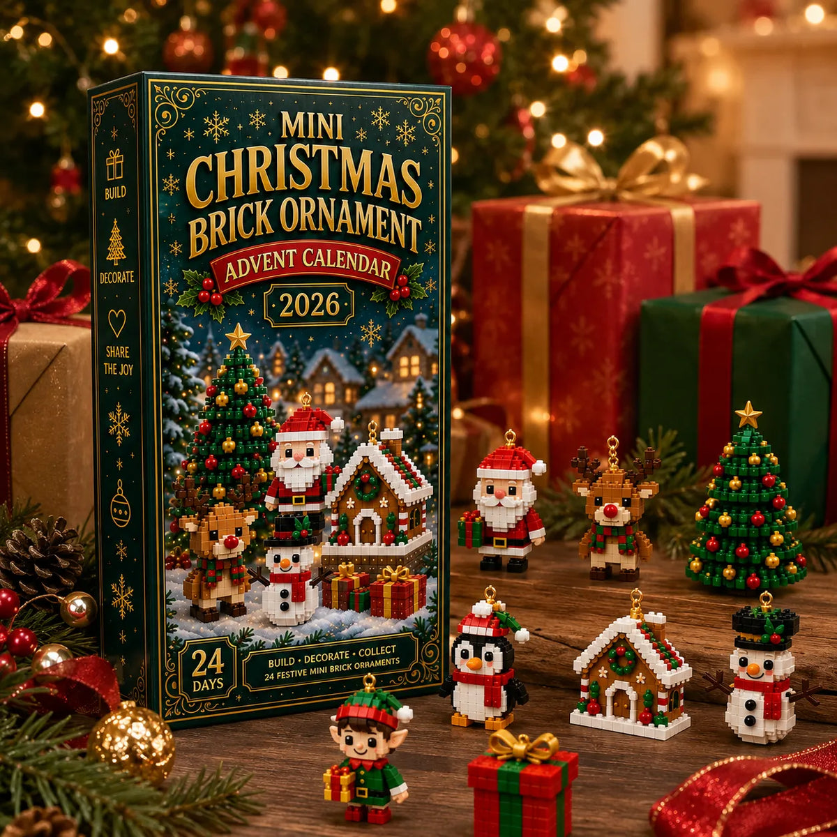 Schachtel zwischen Geschenken und Tannenzweigen, davor Weihnachtsmann, Rentier, Pinguin, Lebkuchenhaus, Schneemann, Elf, Geschenk und Weihnachtsbaum als Baustei 4