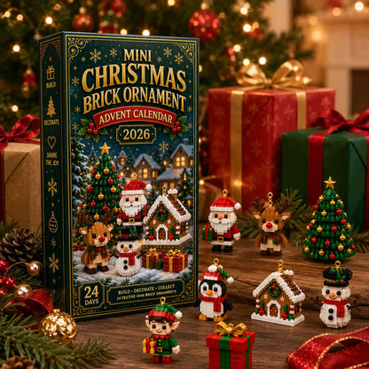 Schachtel zwischen Geschenken und Tannenzweigen, davor Weihnachtsmann, Rentier, Pinguin, Lebkuchenhaus, Schneemann, Elf, Geschenk und Weihnachtsbaum als Baustei 4