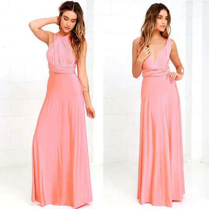 Zweifach tragbares, langes, rosa Abendkleid aus fließendem Stoff für Damenmode.