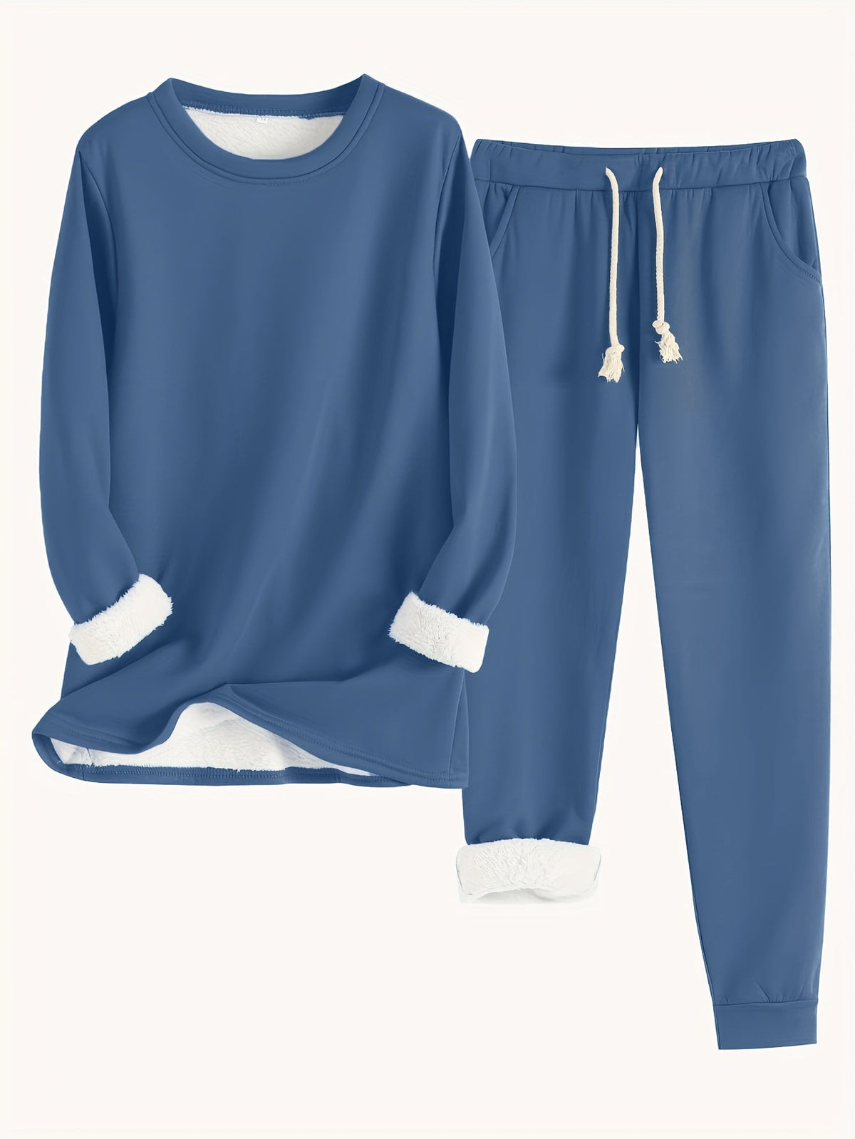 Zweiteiliges Set in gedecktem Blau: Pullover und Jogginghose mit weißem Fleece-Futter an Ärmeln, Saum und Beinbündchen 14