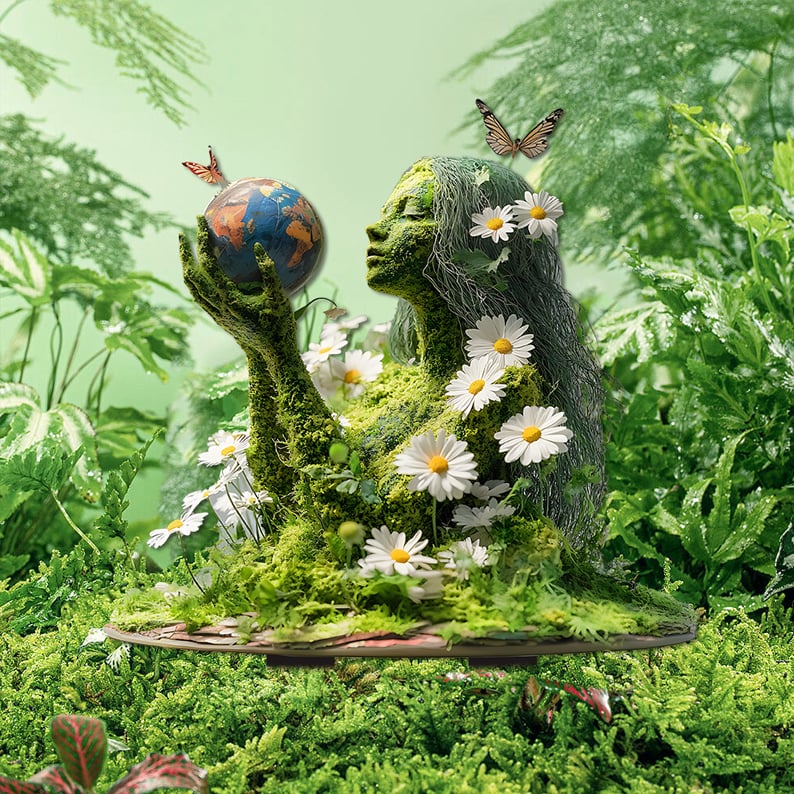 Moosbewachsene Frauenfigur mit Gänseblümchen im Haar hält einen Globus in der Hand, umgeben von Farn und Schmetterlingen. 6