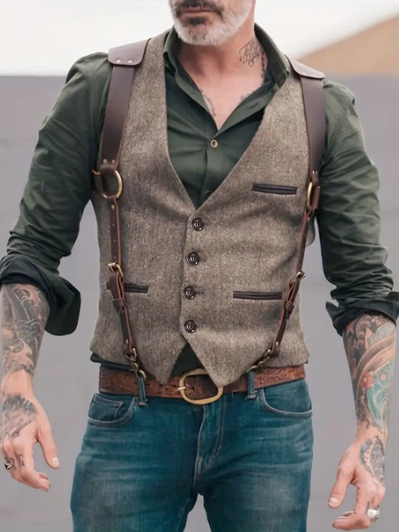 Mann mit grauer Weste, grünem Hemd, Lederhosenträgern und Jeans, tätowierte Arme.