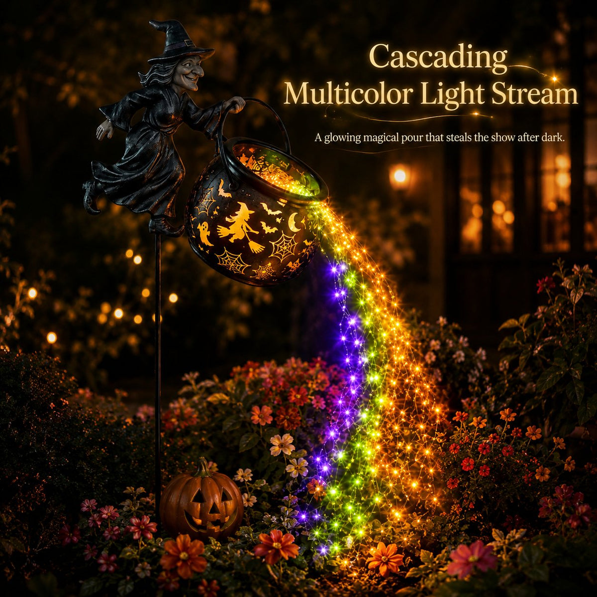 Halloween Witch Cauldron Garden Light with Colorful Glow and Spooky Projections 3