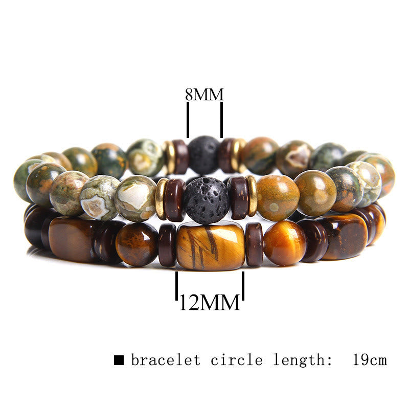 Zwei Armbänder aus Naturstein und Lavastein, 8mm und 12mm Perlen, 19cm Länge.
