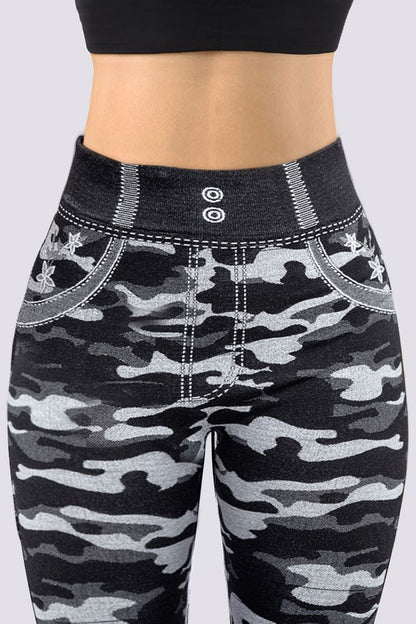 Damen Leggings Camouflage-Muster, hohe Taille, schwarz-grau, Sportmode, bequem, elastisch.