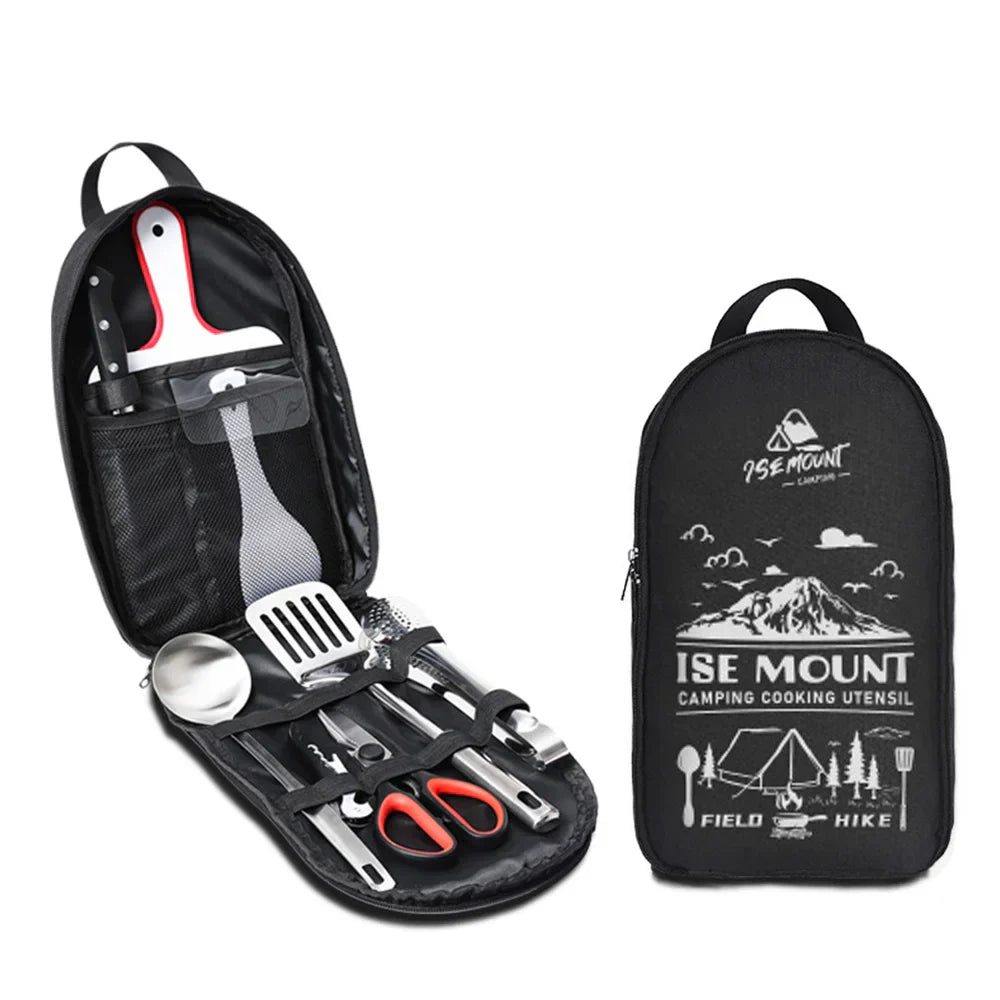 Camping-Kochgeschirr-Set in schwarzer Tasche, Edelstahlutensilien, ideal für Outdoor-Kochen.