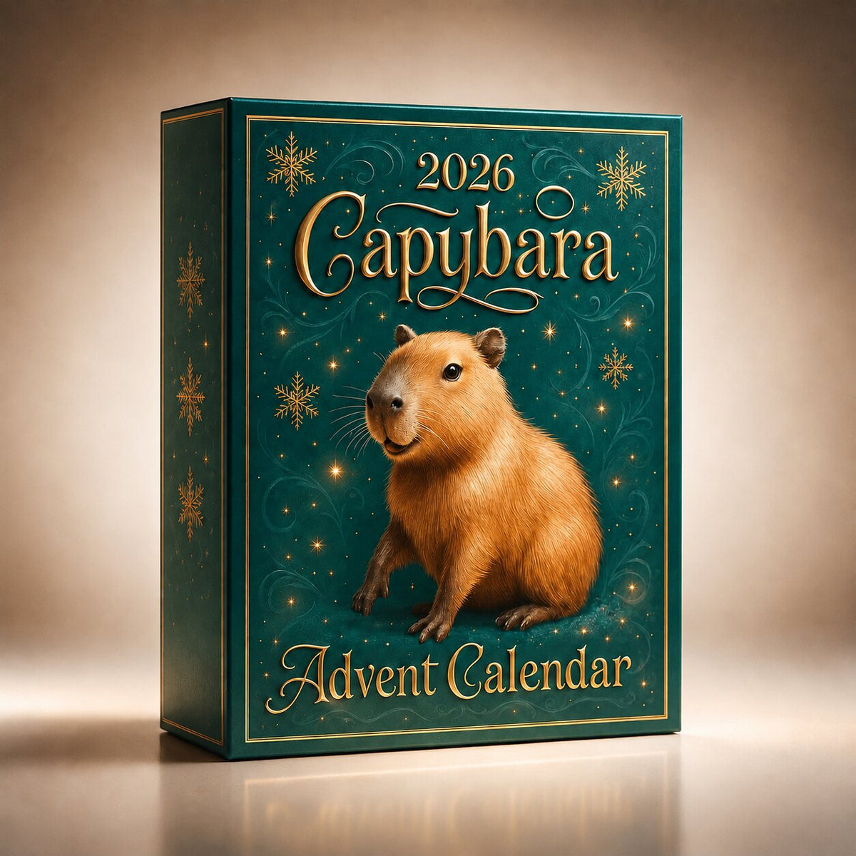 Petrolgrüne Adventskalender-Schachtel mit goldenen Schneeflocken und einem sitzenden Wasserschwein, schräg von vorn vor cremefarbenem Hintergrund. 7