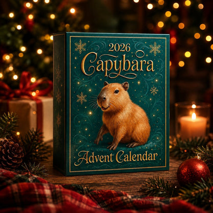 Grüne Adventskalender-Schachtel mit Wasserschwein-Motiv, umgeben von Lichterketten, Tannenzweigen, Zapfen, Kerze, roter Kugel und Geschenk. 4