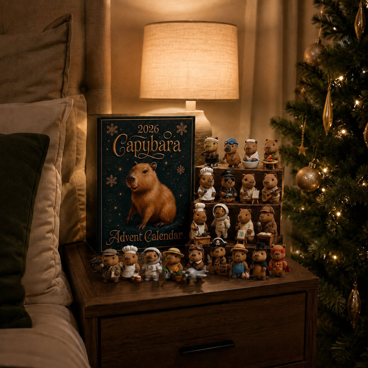 Schachtel und aufgereihte Wasserschweinfiguren stehen auf einem Holznachttisch neben Lampe, Kissen und geschmücktem Weihnachtsbaum. 5