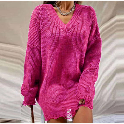 Damen Strickkleid, pink, V-Ausschnitt, langärmelig, modisch, bequem, Freizeitkleidung.