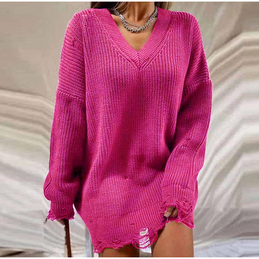 Damen Strickkleid, pink, V-Ausschnitt, langärmelig, modisch, bequem, Freizeitkleidung.