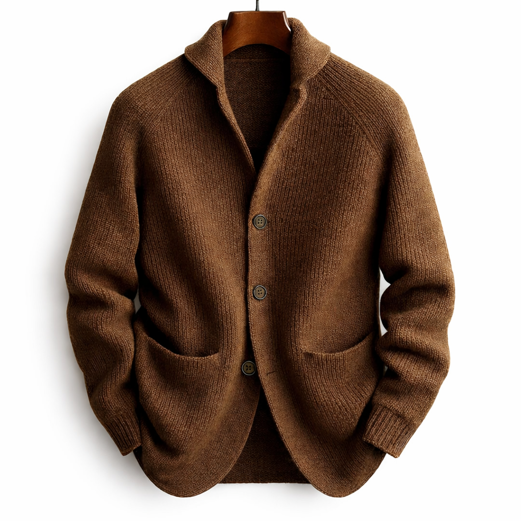 Braune Strickjacke mit drei Knöpfen und aufgesetzten Taschen an Holzbügel, freigestellt vor weißem Hintergrund 1