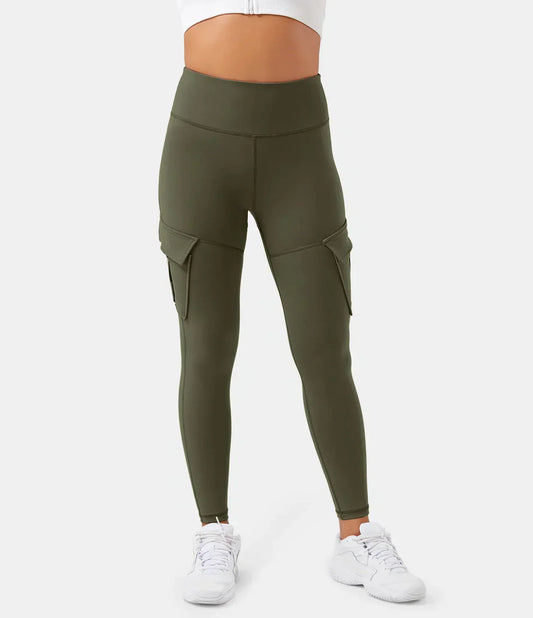 Damen Cargohose in Olivgrün, hohe Taille, Taschen, Sportleggings, bequem, elastisch.