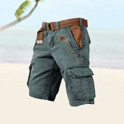 Graue Cargo-Shorts aus Baumwolle mit Gürtel, ideal für Strand und Freizeit.