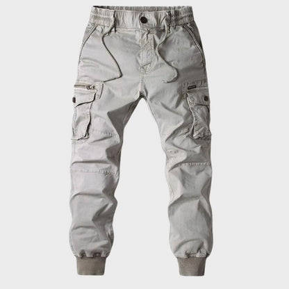 Hellgraue Cargo-Jogginghose für Herren, Baumwolle, elastischer Bund, Taschen, Freizeitmode.
