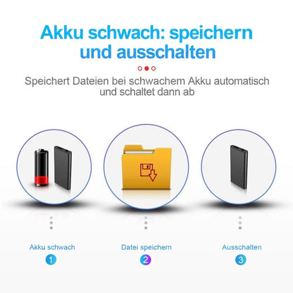 Dreistufige Grafik zur automatischen Speicherung: schwache Batterie, Datei wird gespeichert, Gerät schaltet sich ab 8