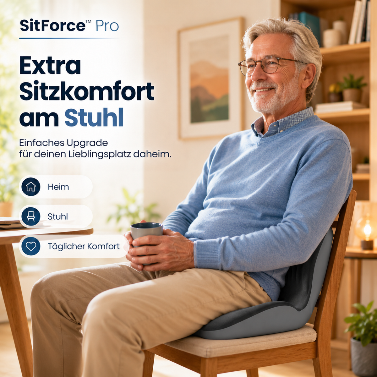 Älterer Mann mit Brille hält eine Tasse und sitzt bequem mit dem Kissen auf einem Holzstuhl 10