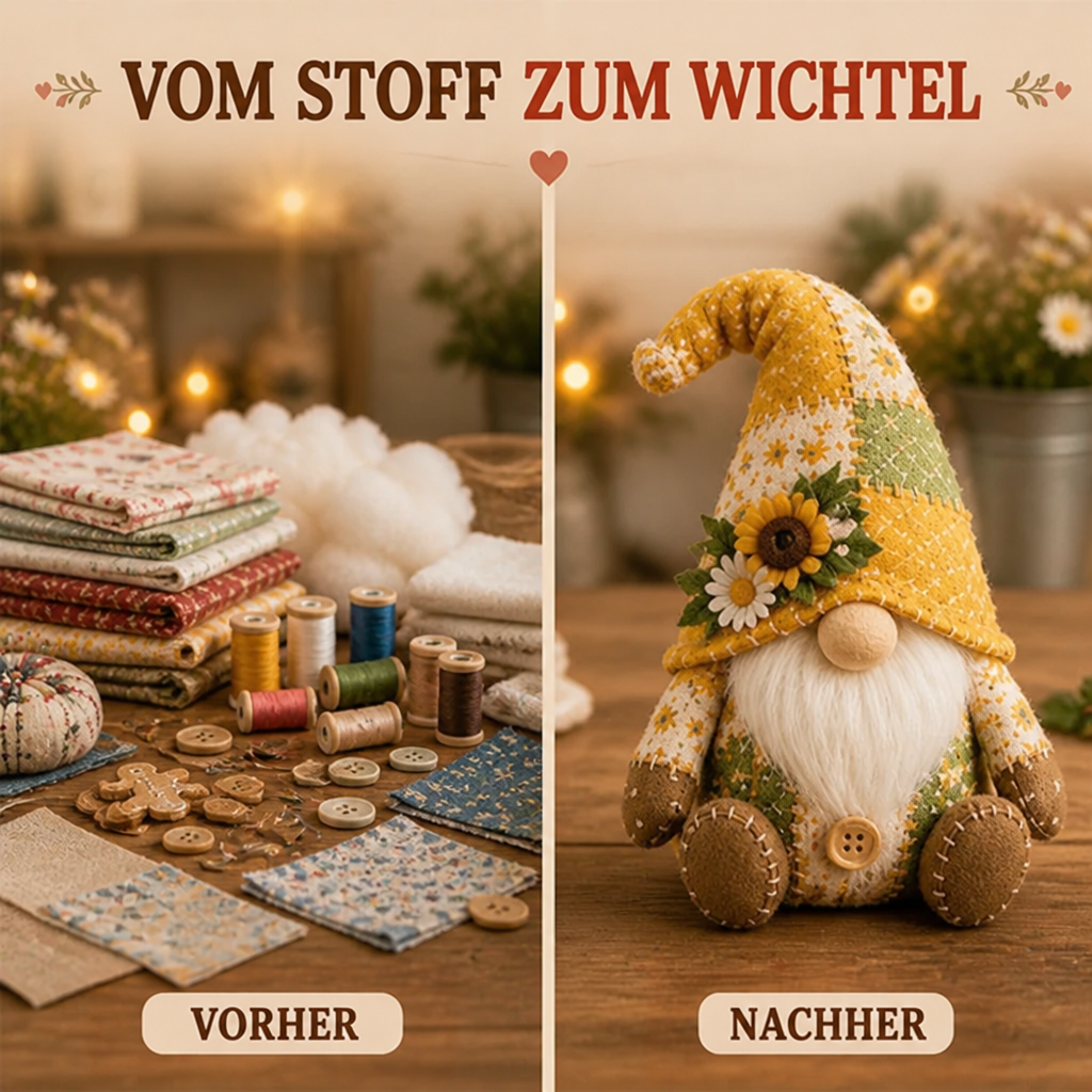 Vorher-Nachher-Vergleich: links gefaltete Stoffe, Garn und Knöpfe, rechts fertiger gelber Wichtel mit Sonnenblume 4