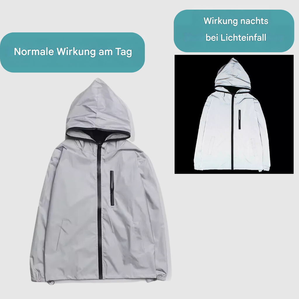 Vergleich der Jacke bei Tageslicht in mattem Grau und bei Lichteinfall nachts leuchtend weiß 9