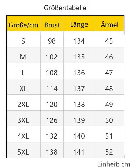 Größentabelle in Zentimetern mit Brustumfang, Länge und Ärmellänge für die Größen S bis 5XL 11