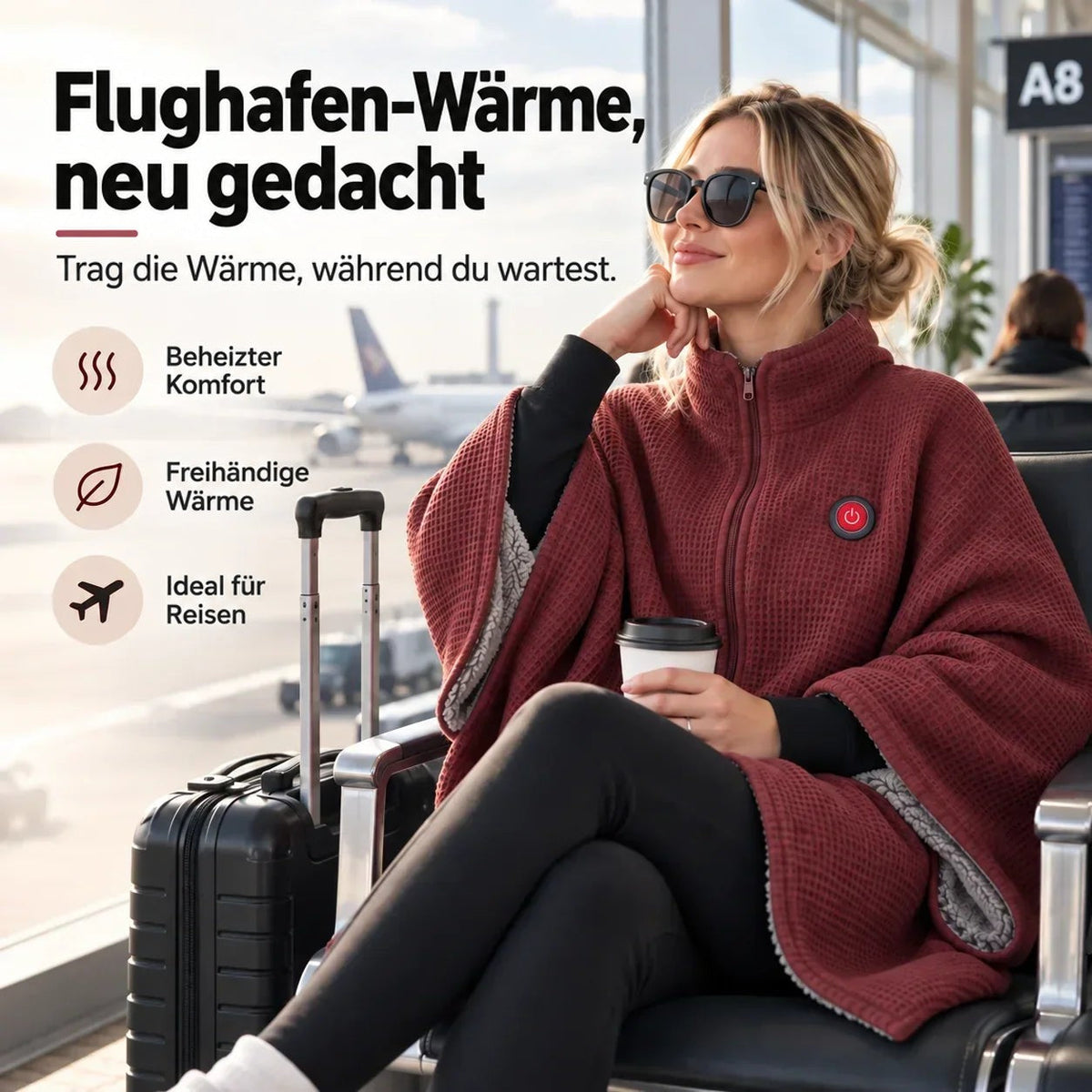 Frau mit Sonnenbrille trägt die rote Waffelstrick-Heizdecke am Flughafen, daneben ein schwarzer Trolley und ein Kaffeebecher 1