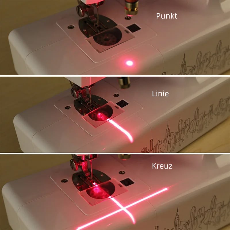 Dreiteilige Ansicht der Nähmaschinen-Stichplatte mit rotem Laser als Punkt, als Linie und als Kreuz 3