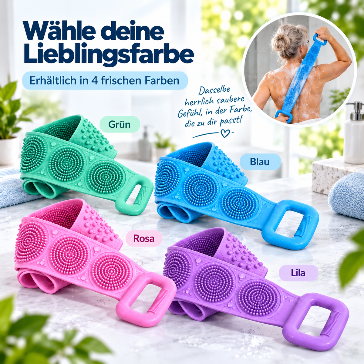 Die Bürste in vier Farben (Grün, Blau, Rosa, Lila) auf Marmor, kleines Bild zeigt eine Frau beim Anwenden 8