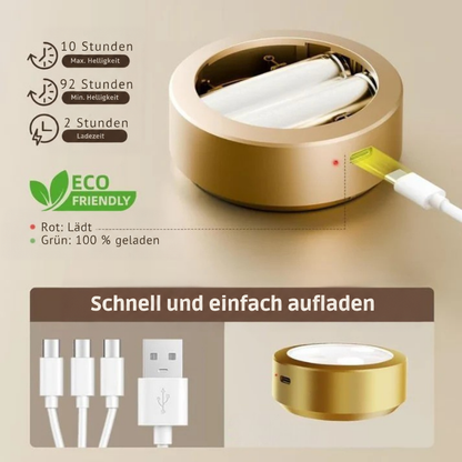 Goldenes Leuchtengehäuse mit Akkus im Inneren und USB-Ladekabel, dazu Angaben zu Laufzeit und Ladezeit 3