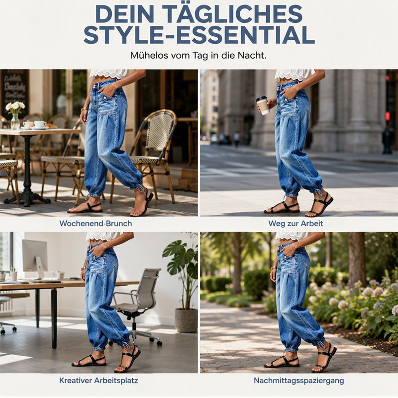 Vier Szenen derselben Jeans getragen im Café, auf der Straße, im Büro und beim Spaziergang im Park, jeweils mit Spitzentop und Sandalen. 6