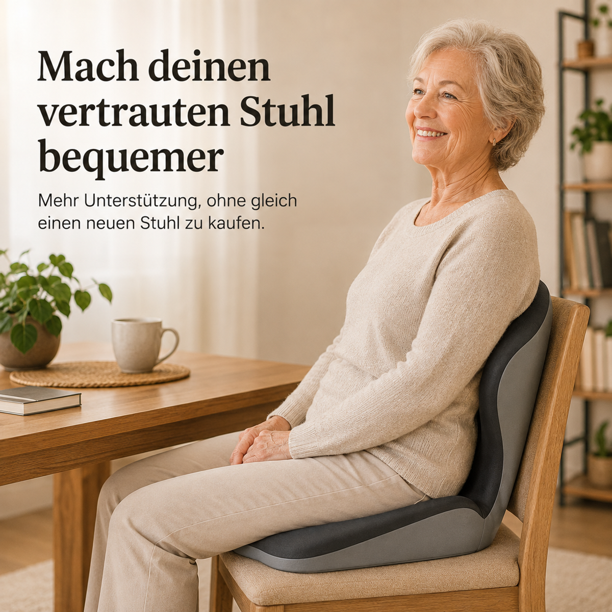 Ältere Frau sitzt aufrecht und lächelnd mit dem Sitzkissen auf einem Holzstuhl am Esstisch 4