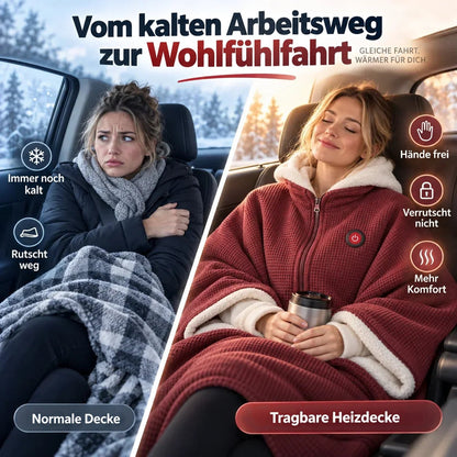 Geteiltes Vergleichsbild im Auto: links eine frierende Frau mit gewöhnlicher Decke, rechts eine entspannte Frau in der roten 4
