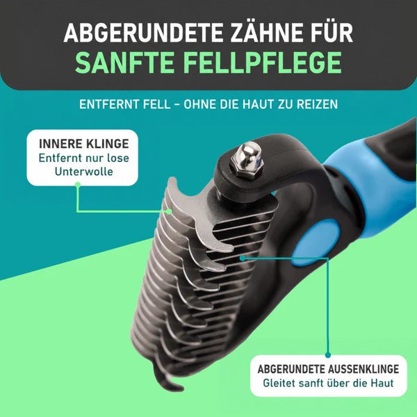 Nahaufnahme der abgerundeten Metallzinken am Rechenkopf, die innere und äußere Klinge sind einzeln markiert. 3
