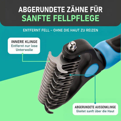Nahaufnahme der abgerundeten Metallzinken am Rechenkopf, die innere und äußere Klinge sind einzeln markiert. 3