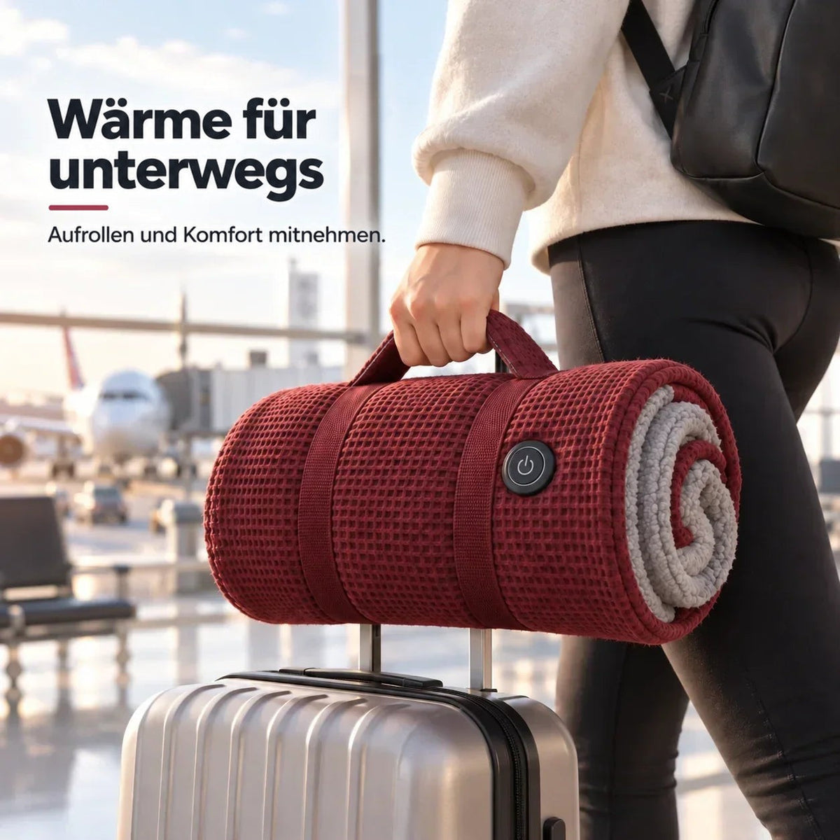 Aufgerollte rote Heizdecke mit Trageschlaufe wird am Flughafen an einem silbernen Trolley-Griff getragen 2