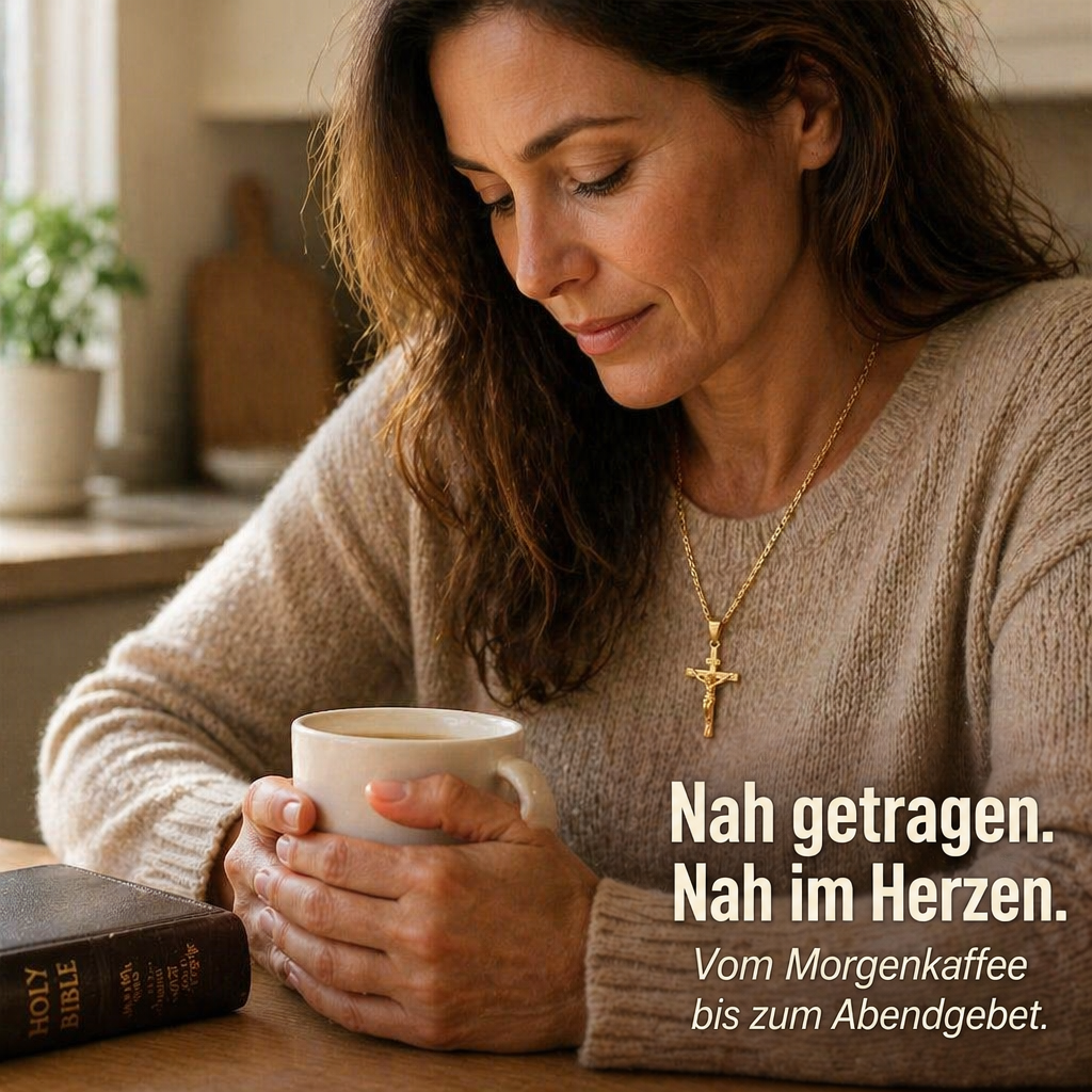 Frau im Strickpullover hält eine Tasse und trägt die goldene Kruzifix-Kette, daneben liegt eine Bibel 4