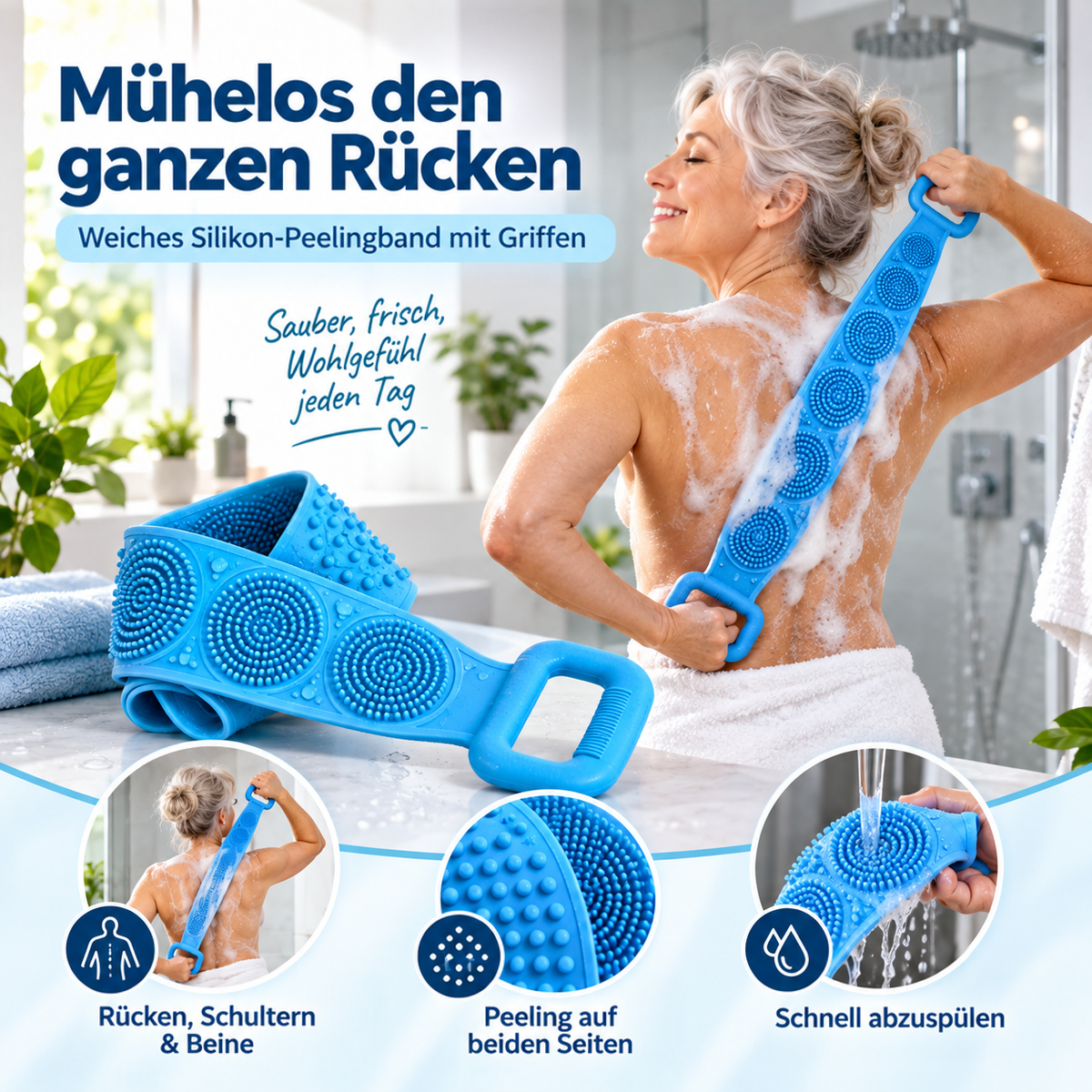 Frau schrubbt ihren Rücken mit der blauen Bürste, davor liegt die Bürste, Detailbilder zeigen Textur und Abspülen 3