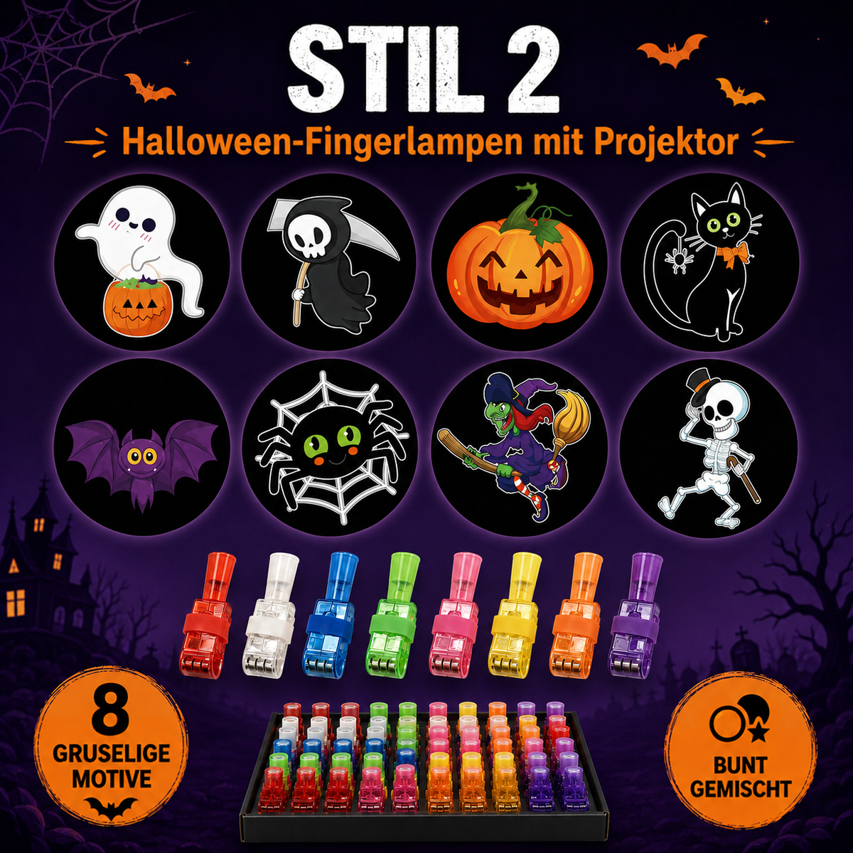 Übersicht des zweiten Motivsets mit acht Comic-Motiven wie Geist, Sensenmann, Kürbis, Katze und Skelett, dazu Lichter in acht 3