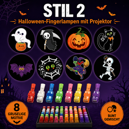 Übersicht des zweiten Motivsets mit acht Comic-Motiven wie Geist, Sensenmann, Kürbis, Katze und Skelett, dazu Lichter in acht 3