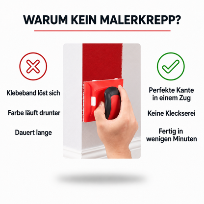 Hand streicht mit dem Werkzeug eine rote Wandfläche an der Leiste, daneben Vergleich mit und ohne Klebeband 4
