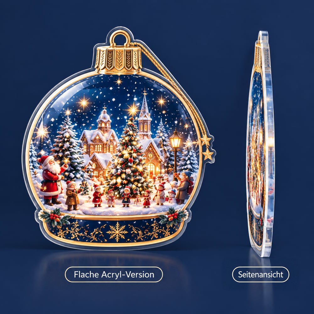 Flache Acryl-Variante einer Christbaumkugel mit Winterdorf-Motiv, links in der Vorderansicht, rechts von der Seite 4