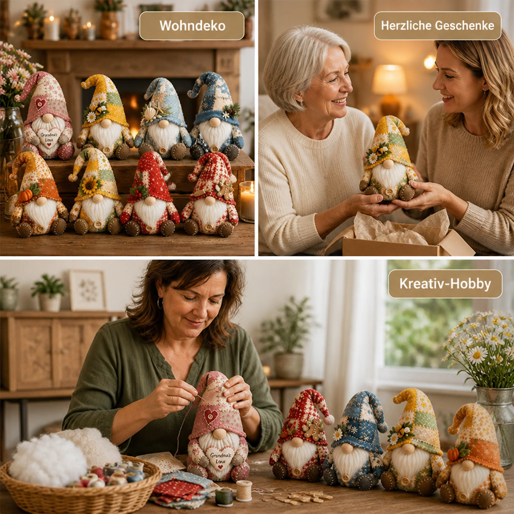 Collage: Wichtel als Deko am Kamin, Geschenkübergabe zwischen zwei Frauen und Frau beim Nähen eines Wichtels 5