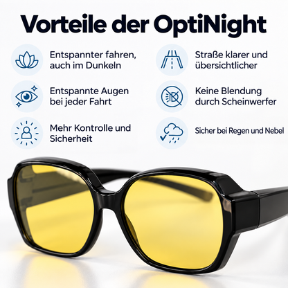 Nahaufnahme der Überzieh-Brille mit gelben Gläsern, darüber sechs Symbole mit den Vorteilen beim Fahren in der Dunkelheit. 3