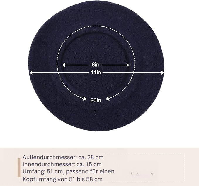 Maßgrafik eines marineblauen Berets von oben mit Durchmesser und Umfang als Angaben 13