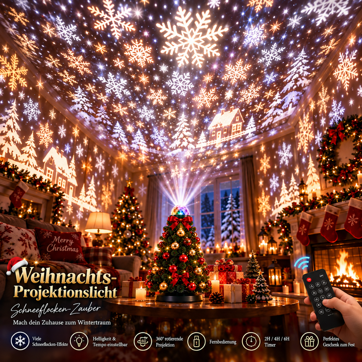 Wohnzimmer, in dem der Projektor warmweiße Schneeflocken, Tannen und Häuschen an Decke und Wände wirft 2