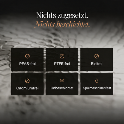Übersicht von sechs Produkteigenschaften in dunklen Kacheln vor einer vergrößerten Aufnahme der gehämmerten Oberfläche 3