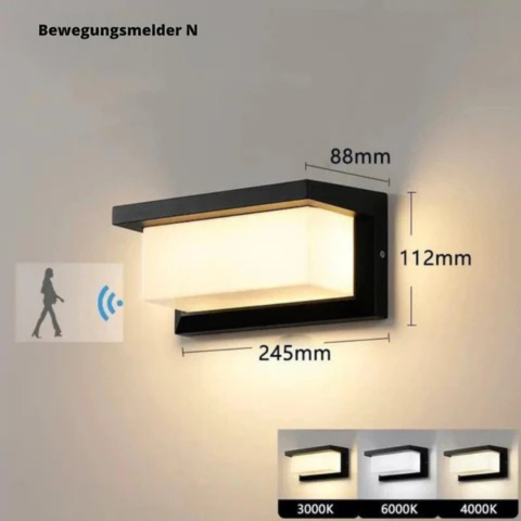 Produktgrafik mit Maßangaben, Bewegungsmelder-Symbol und drei Lichtfarben-Varianten im Vergleich 7